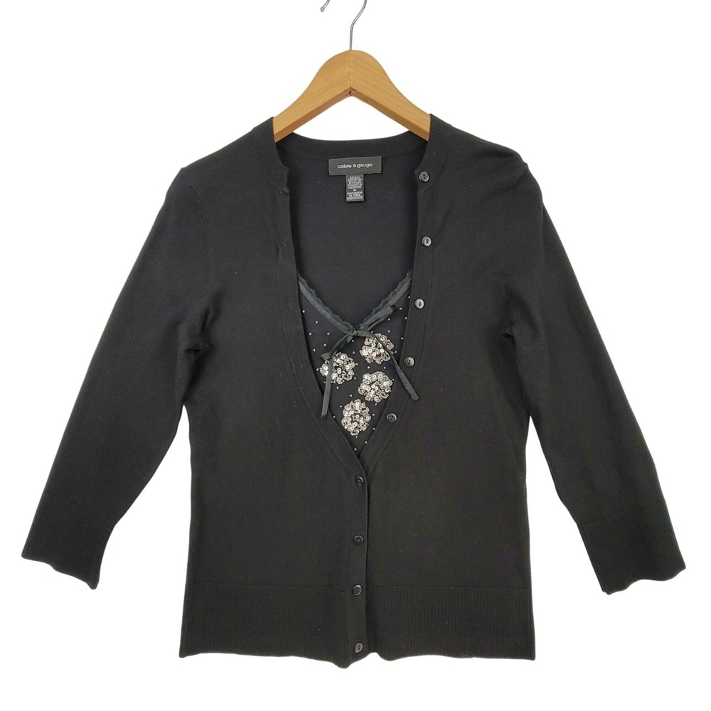 VTG Cable & Gauge Black Silk Cotton Sequin Beaded Layered Cardigan Size Medium